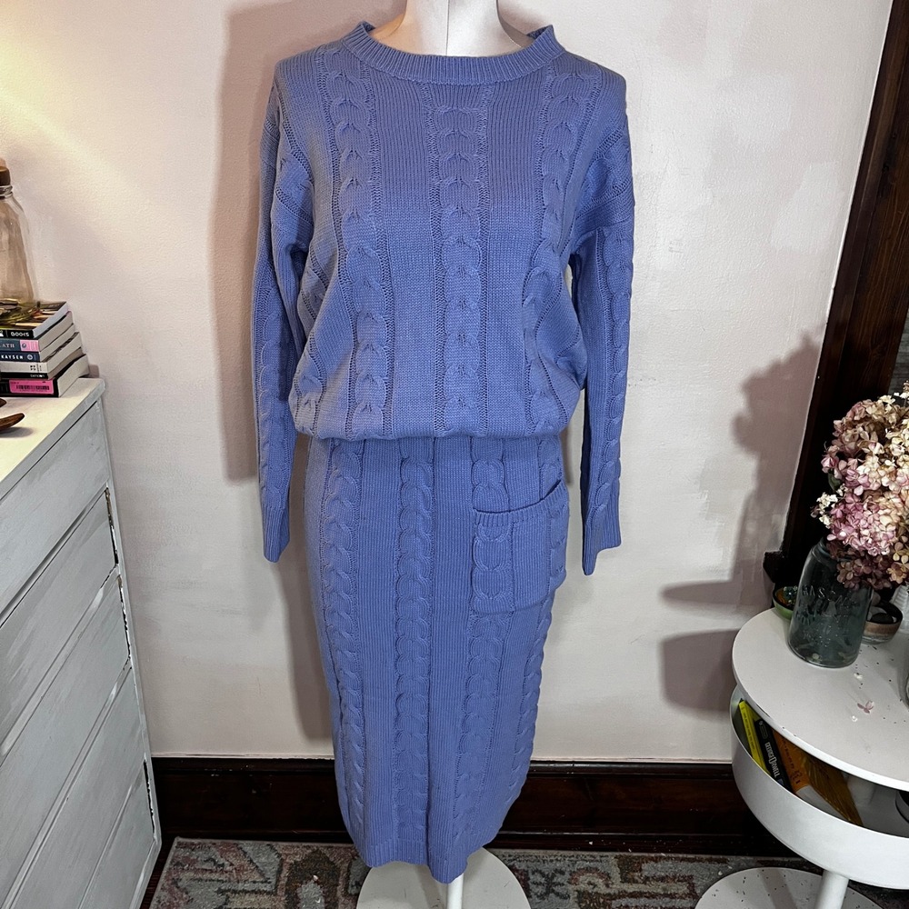 Periwinkle Purple Cable Knit Sweater Suit‎ Midi Skirt 2 Piece Set Womens Large - Picture 3 of 12